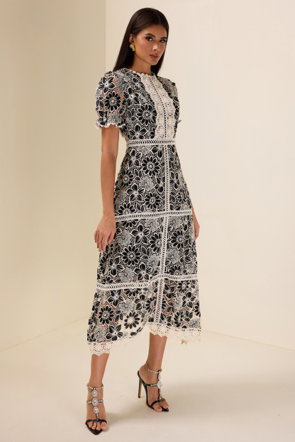 Lace Embroidered Short Sleeve Midi Dress