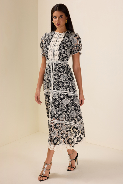 Lace Embroidered Short Sleeve Midi Dress