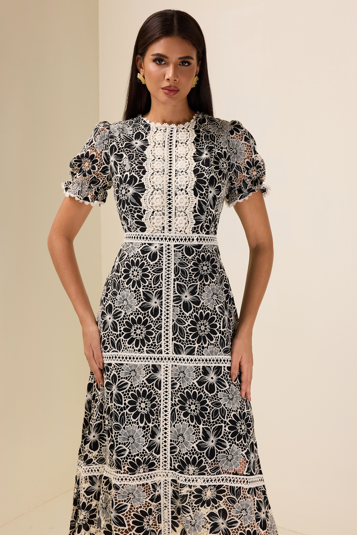 Lace Embroidered Short Sleeve Midi Dress