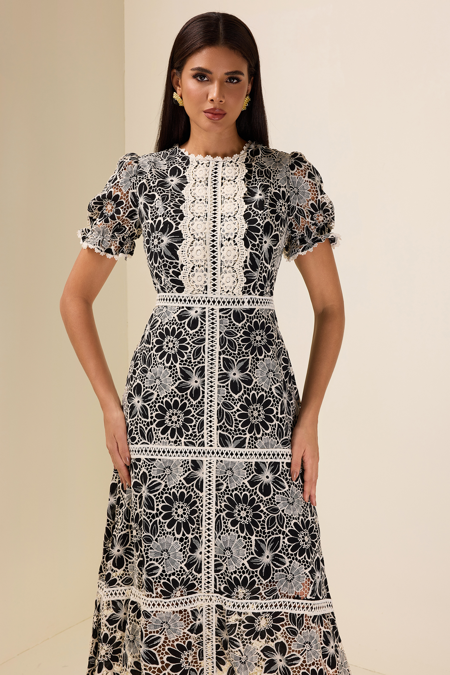 Lace Embroidered Short Sleeve Midi Dress