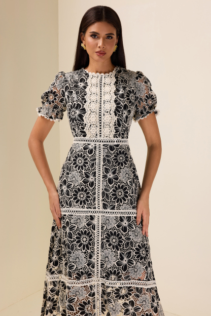 Lace Embroidered Short Sleeve Midi Dress