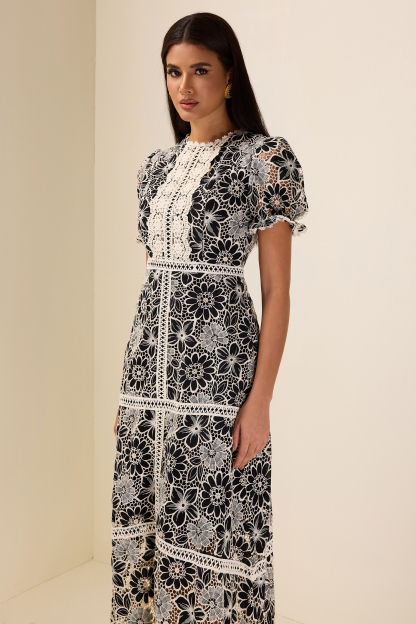Lace Embroidered Short Sleeve Midi Dress