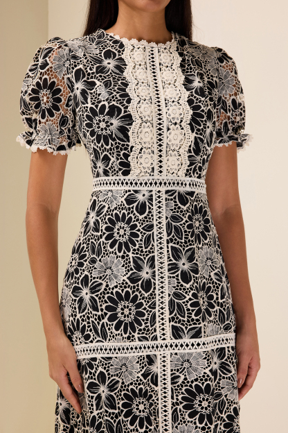 Lace Embroidered Short Sleeve Midi Dress