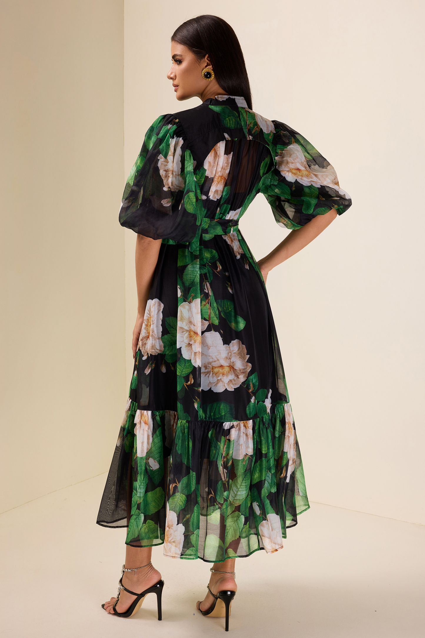 Single Breasted Flower Puff Sleeve Midi Dress