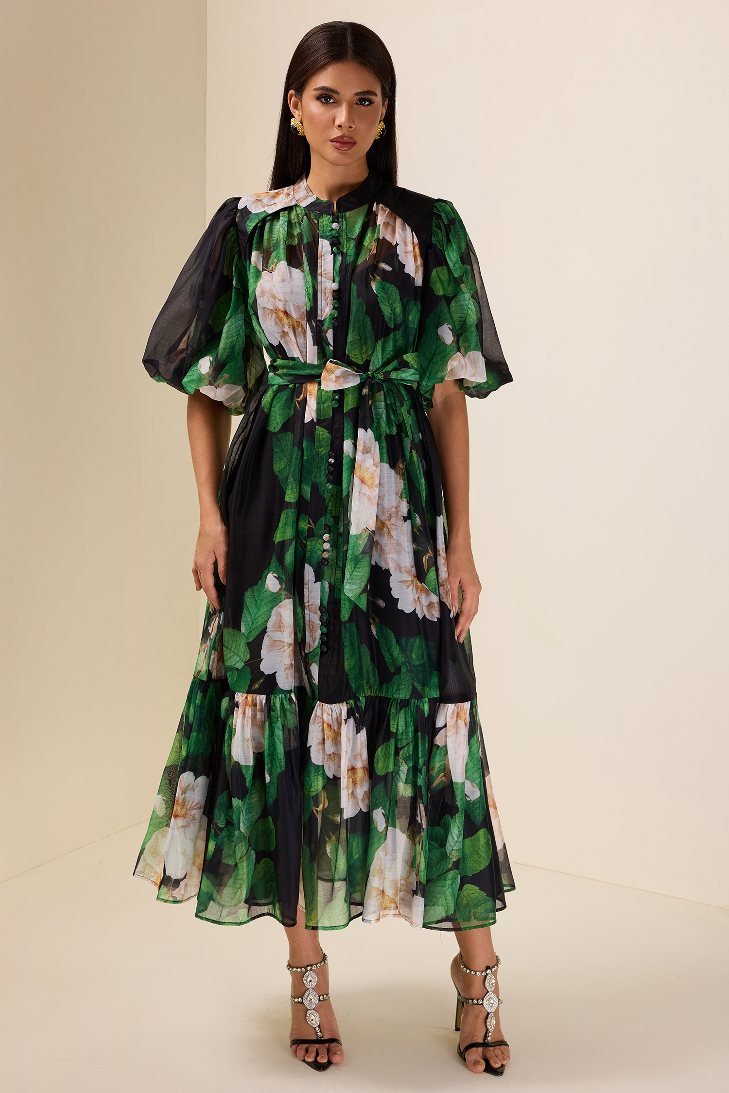 Single Breasted Flower Puff Sleeve Midi Dress