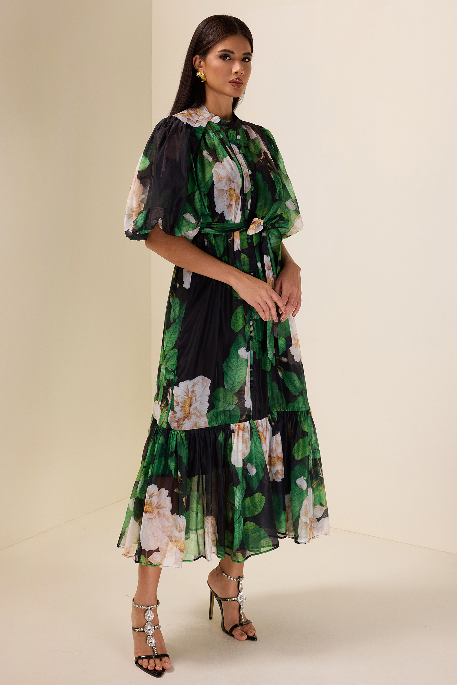 Single Breasted Flower Puff Sleeve Midi Dress