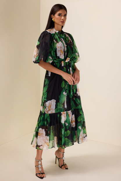 Single Breasted Flower Puff Sleeve Midi Dress