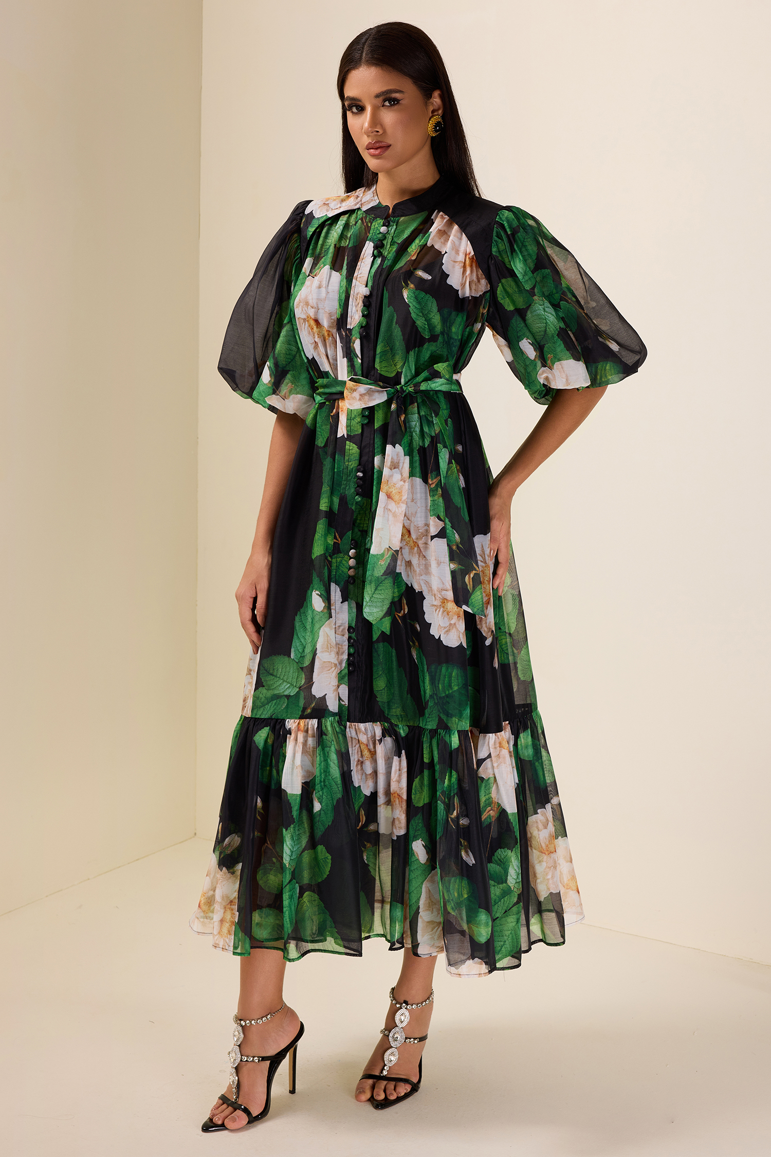 Single Breasted Flower Puff Sleeve Midi Dress