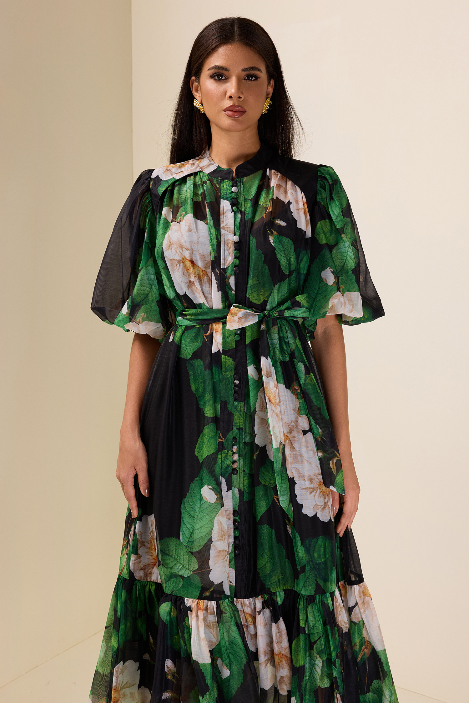 Single Breasted Flower Puff Sleeve Midi Dress
