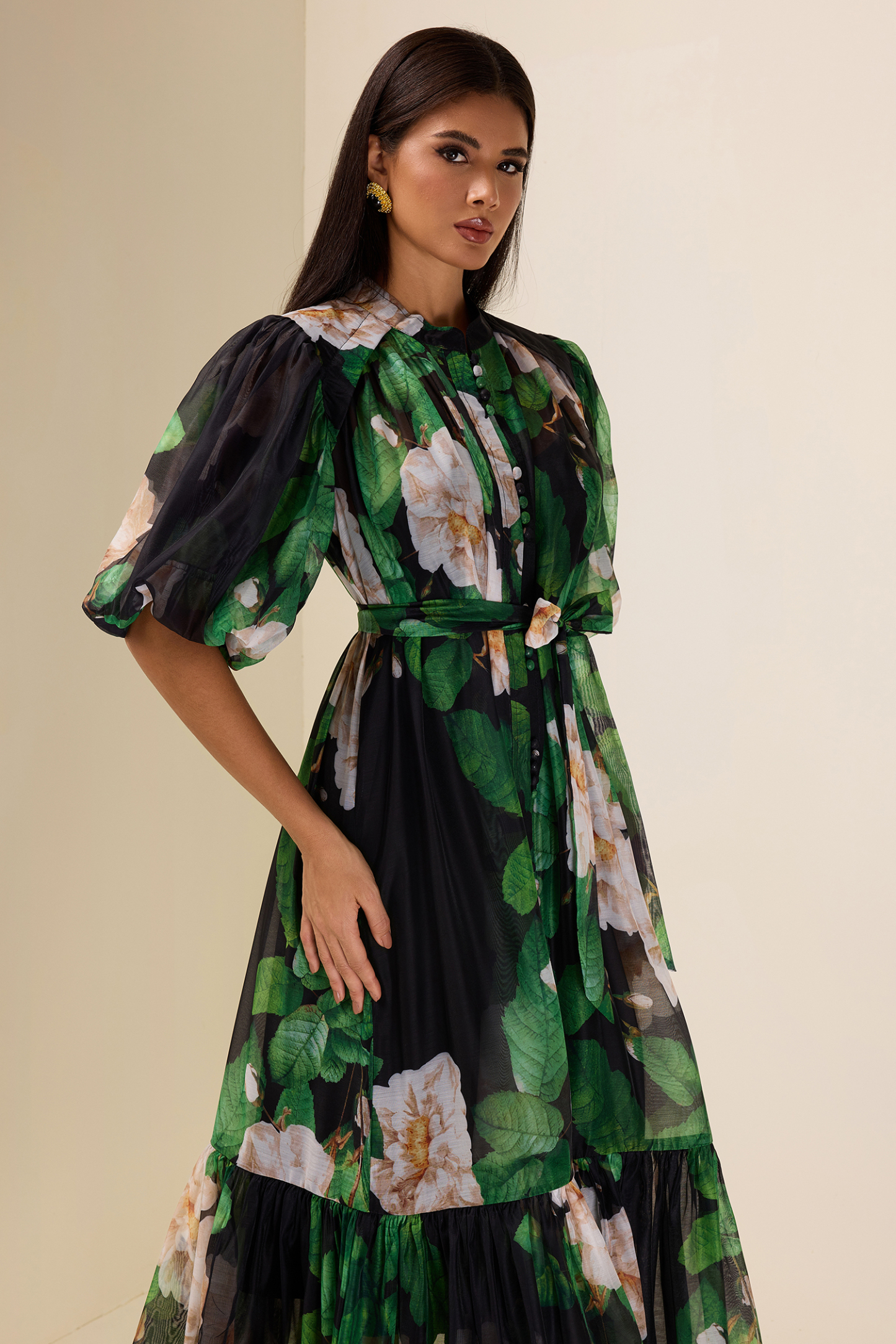Single Breasted Flower Puff Sleeve Midi Dress