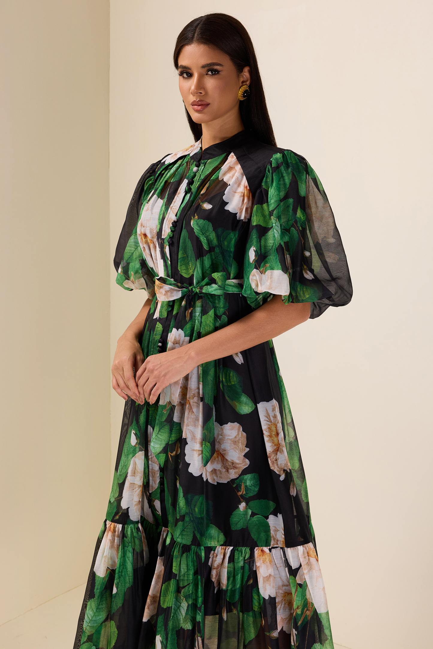 Single Breasted Flower Puff Sleeve Midi Dress