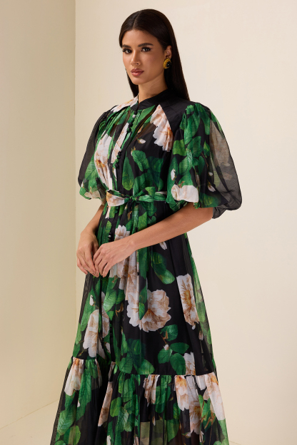 Single Breasted Flower Puff Sleeve Midi Dress