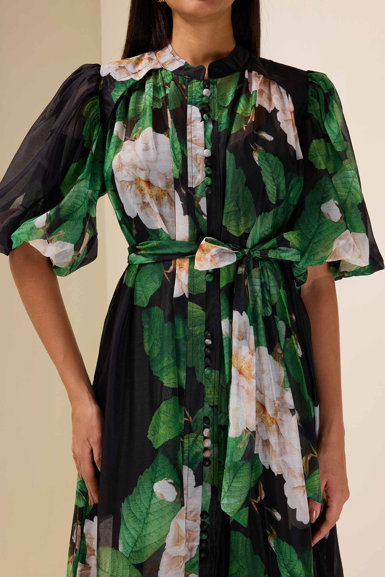 Single Breasted Flower Puff Sleeve Midi Dress