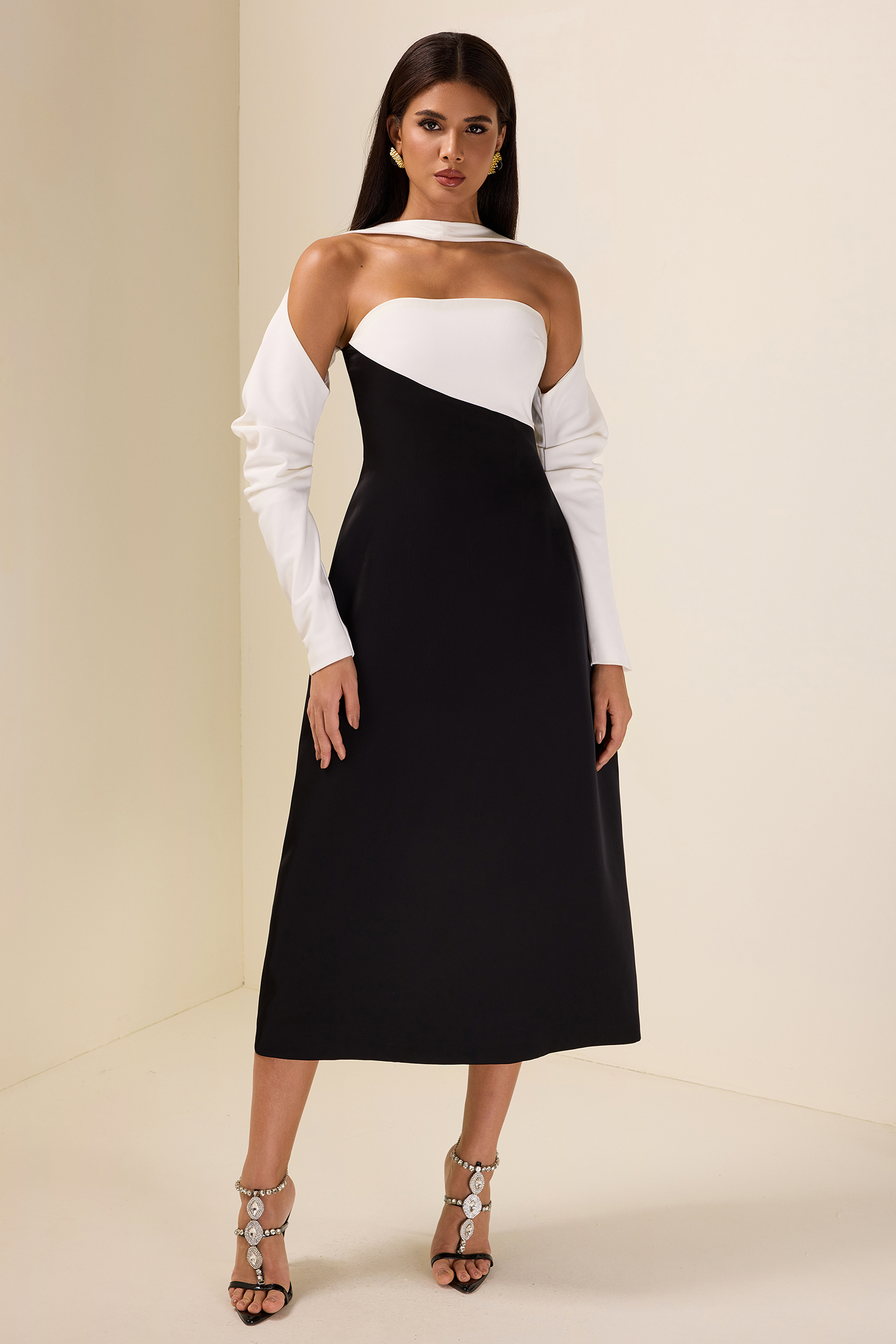 Contrast Color Long Sleeve Midi Dress