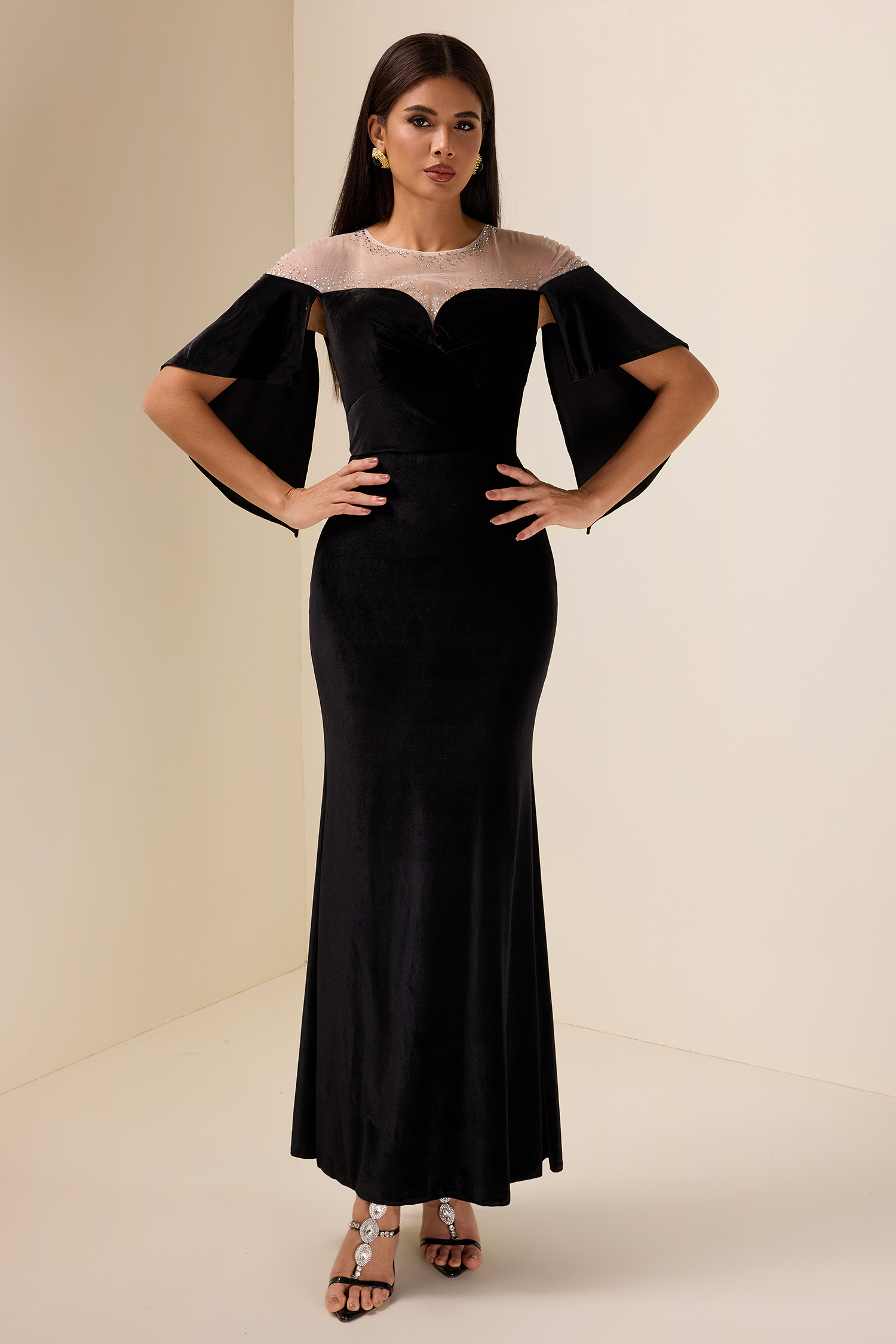 Rhinestone Velvet Cape Sleeve Midi Dress