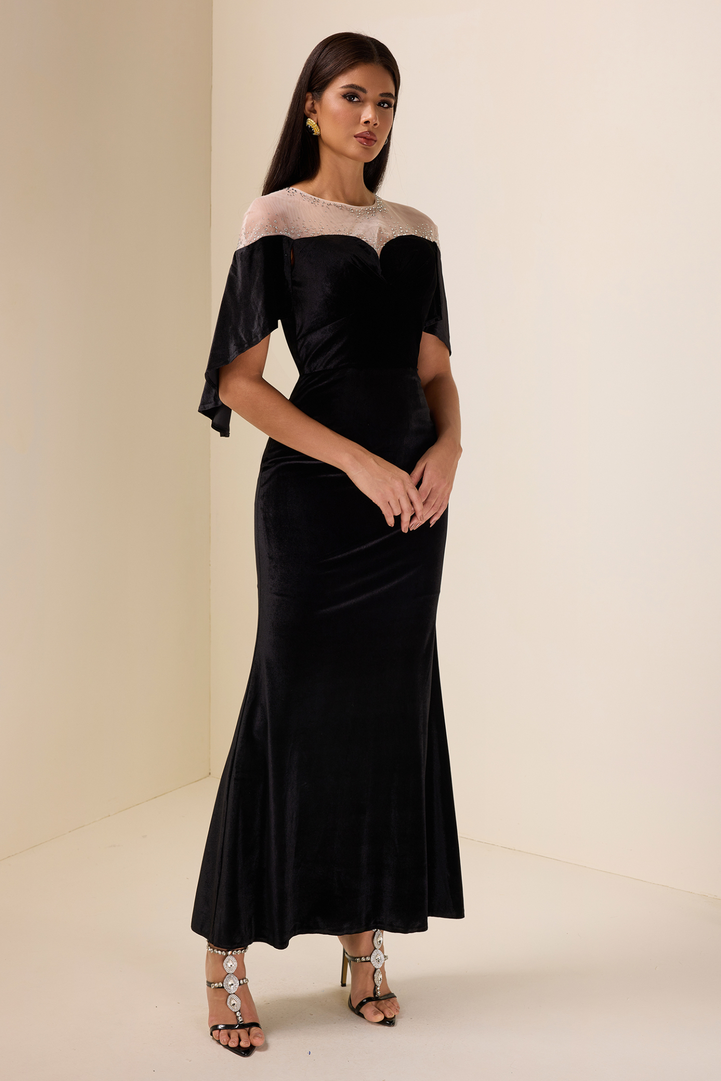 Rhinestone Velvet Cape Sleeve Midi Dress