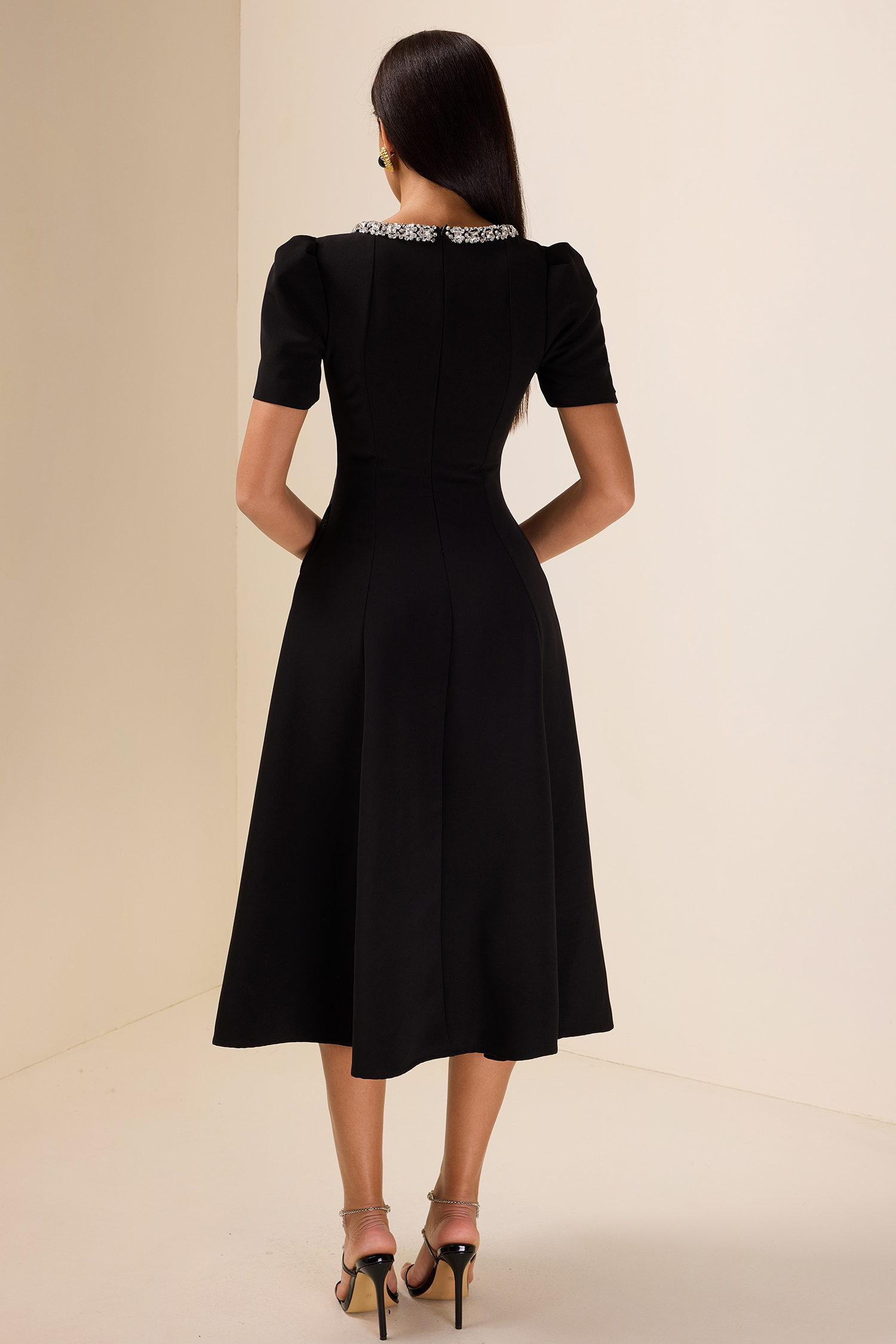 Rhinestone Bow Short Sleeve Midi Dress