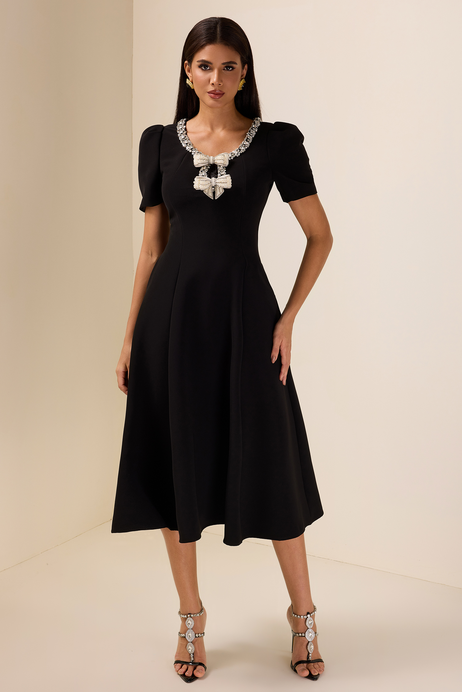 Rhinestone Bow Short Sleeve Midi Dress