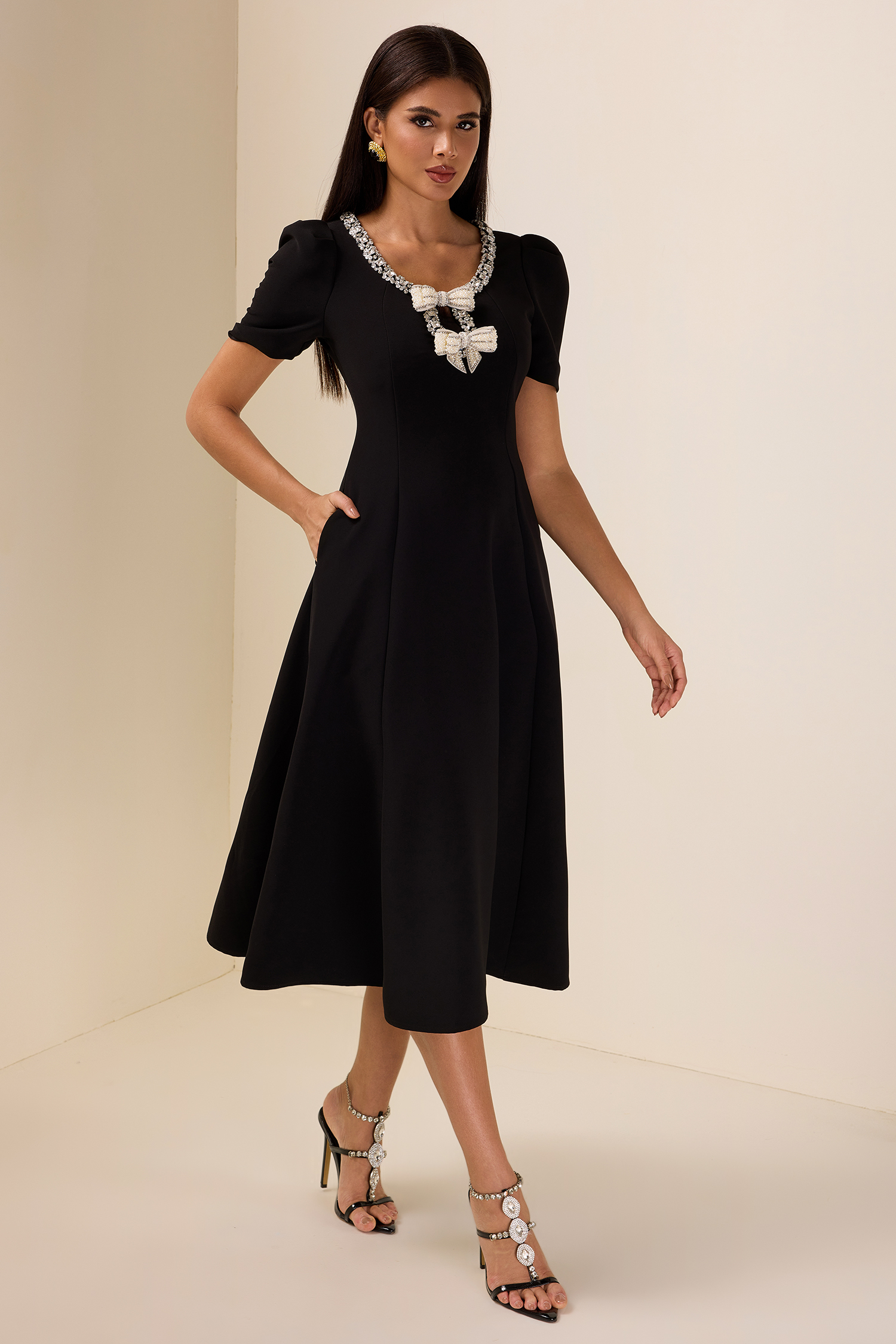 Rhinestone Bow Short Sleeve Midi Dress