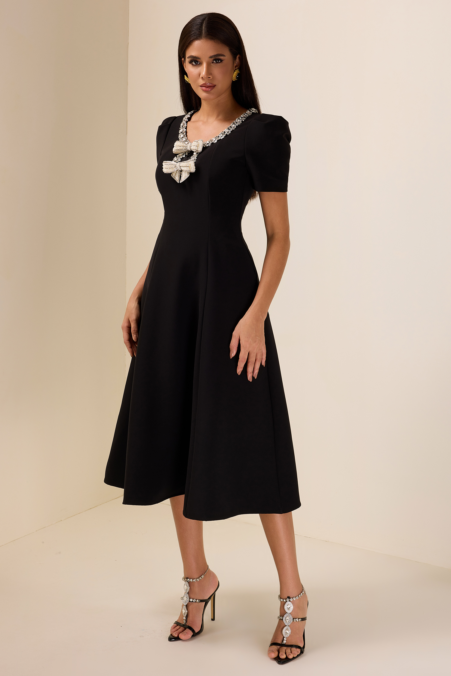 Rhinestone Bow Short Sleeve Midi Dress