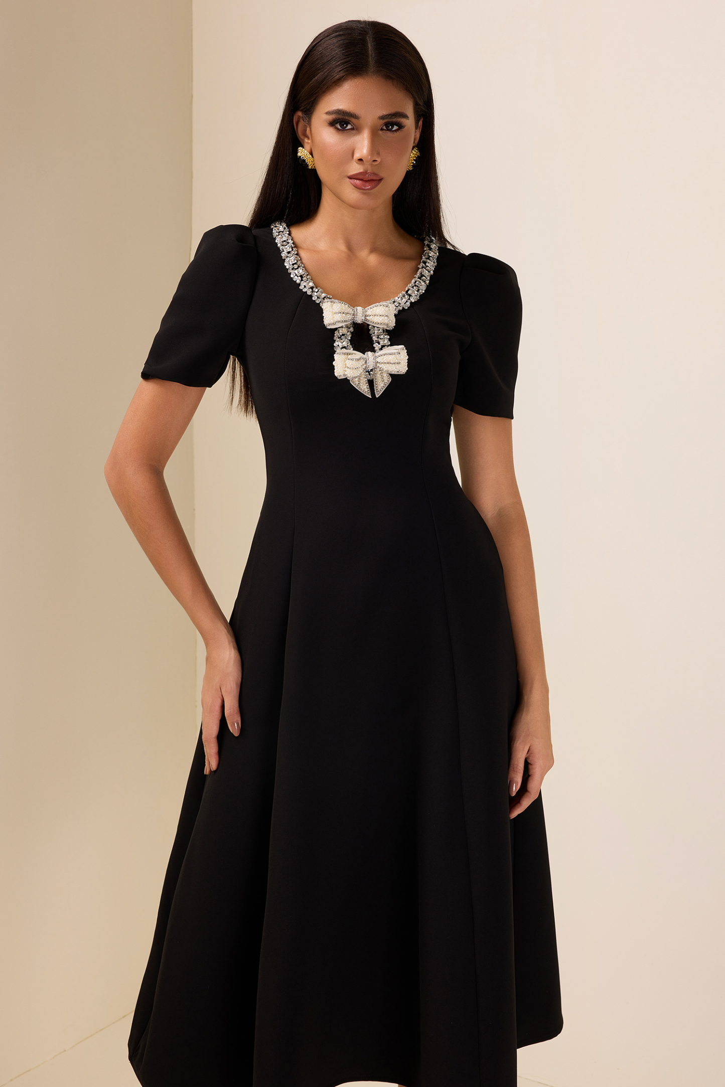 Rhinestone Bow Short Sleeve Midi Dress