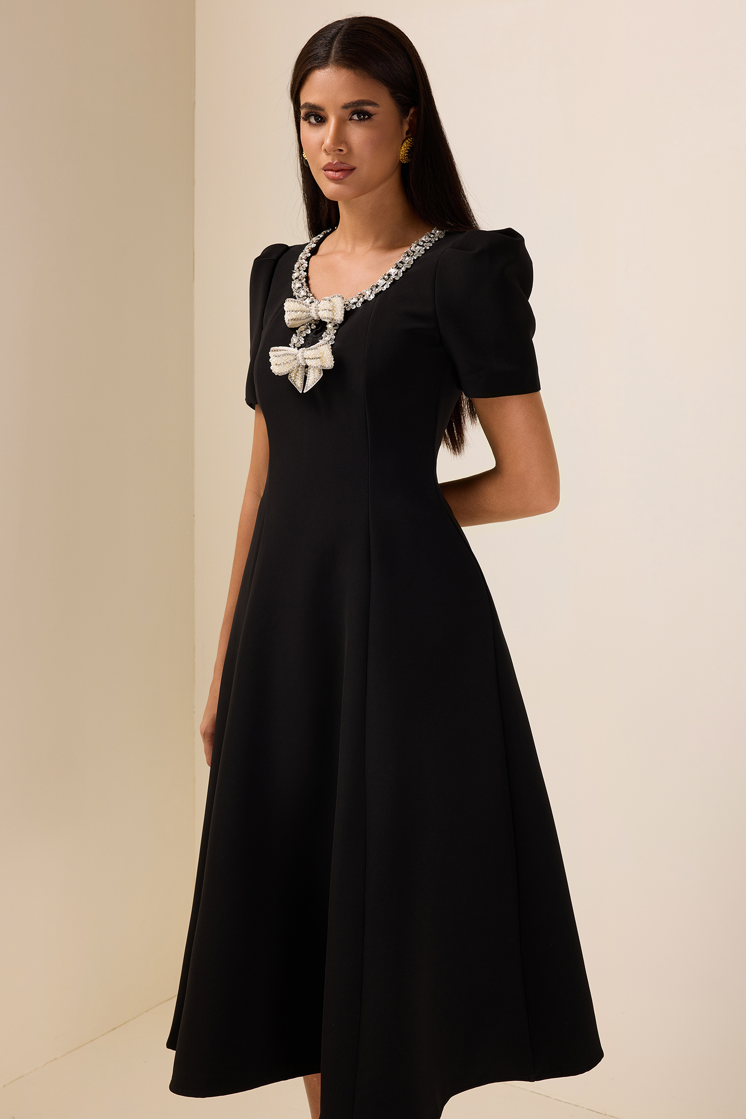 Rhinestone Bow Short Sleeve Midi Dress