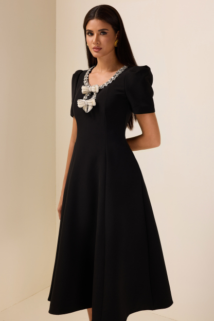 Rhinestone Bow Short Sleeve Midi Dress