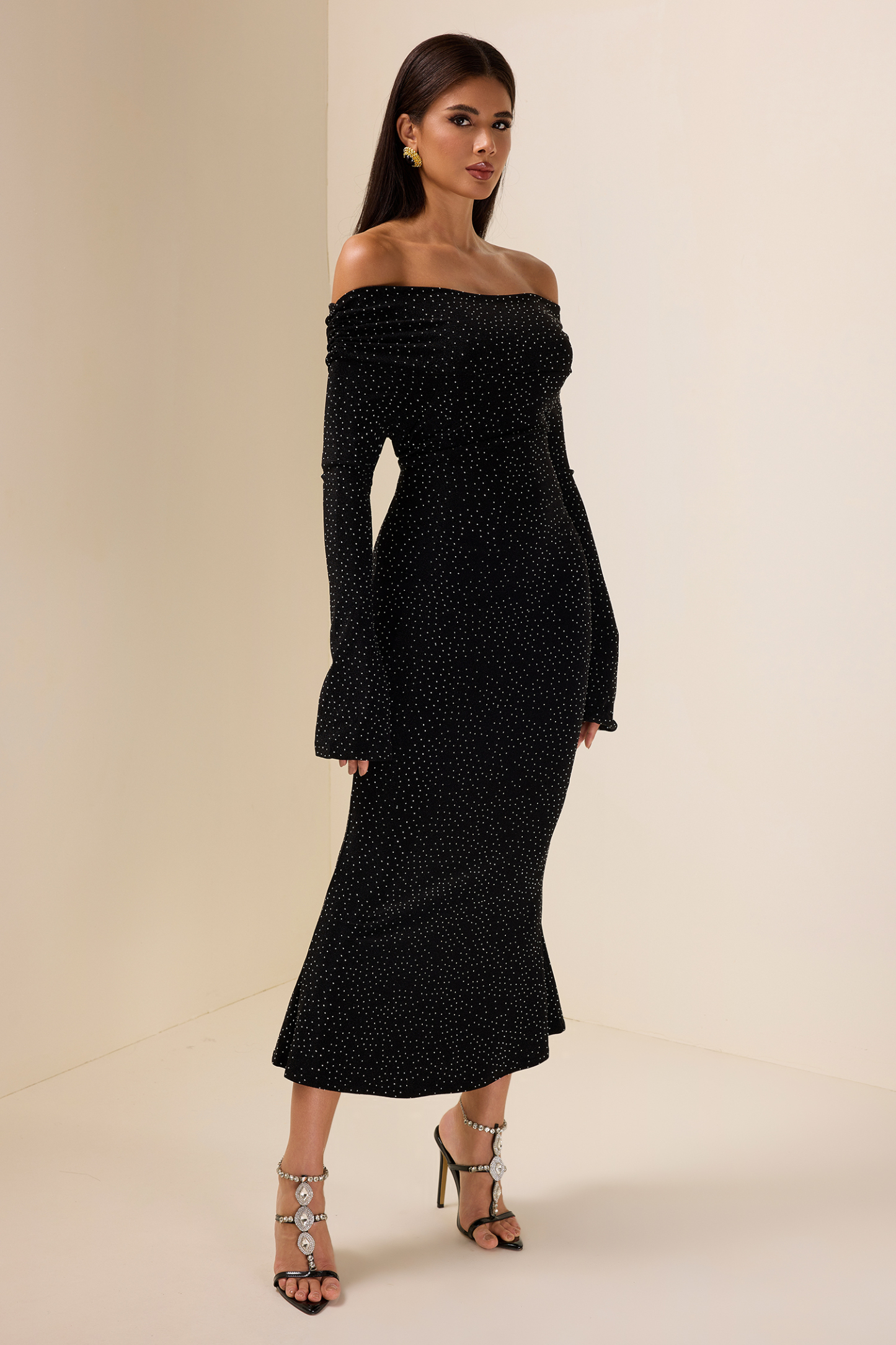 Rhinestone Off-Shoulder Midi Dress