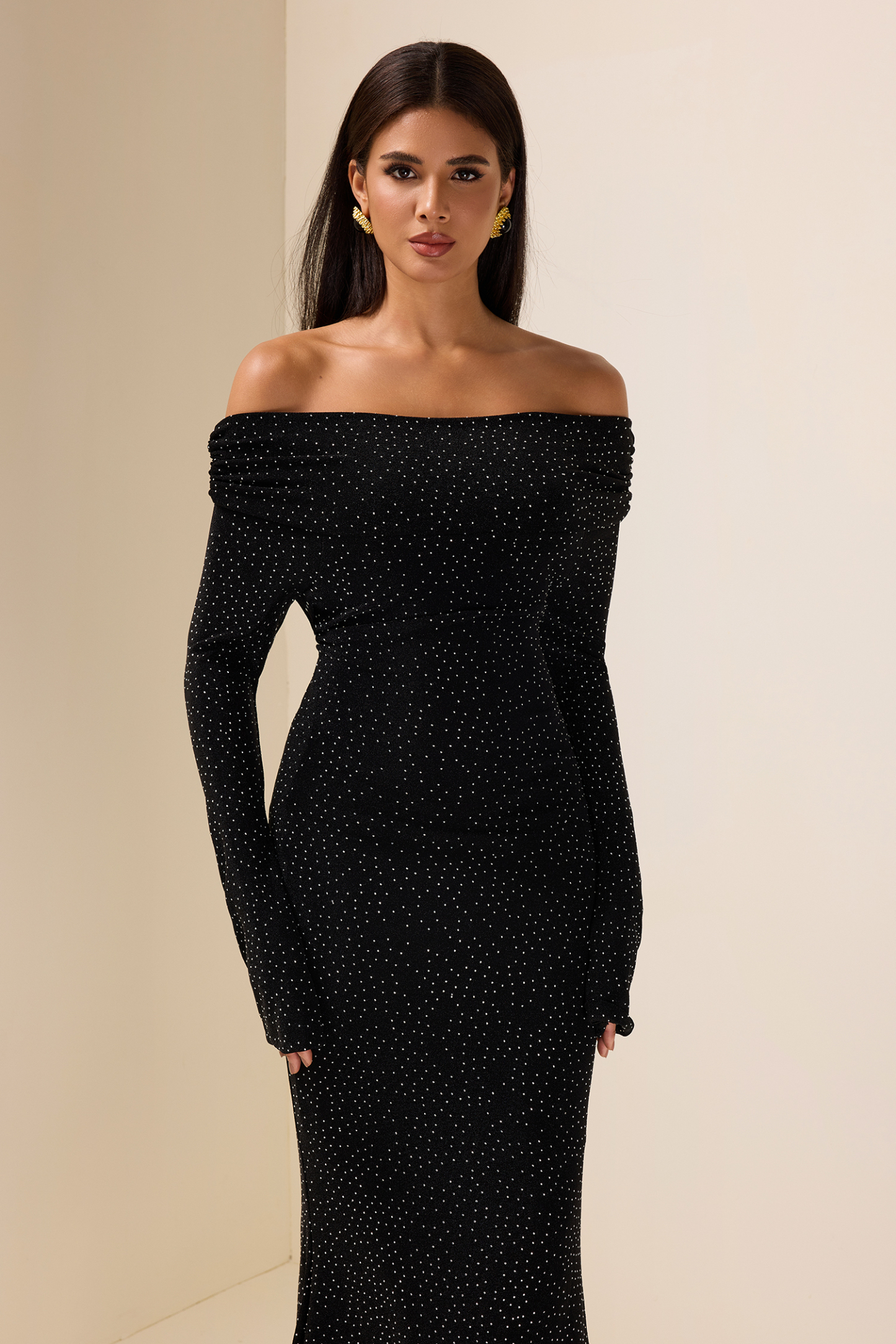 Rhinestone Off-Shoulder Midi Dress