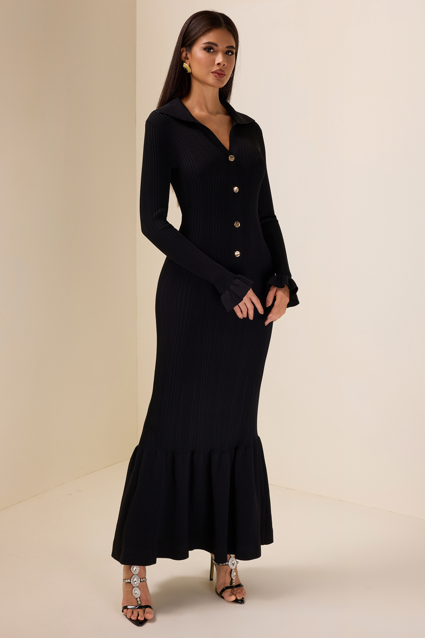 Jersey Solid Button Mermaid Midi Dress