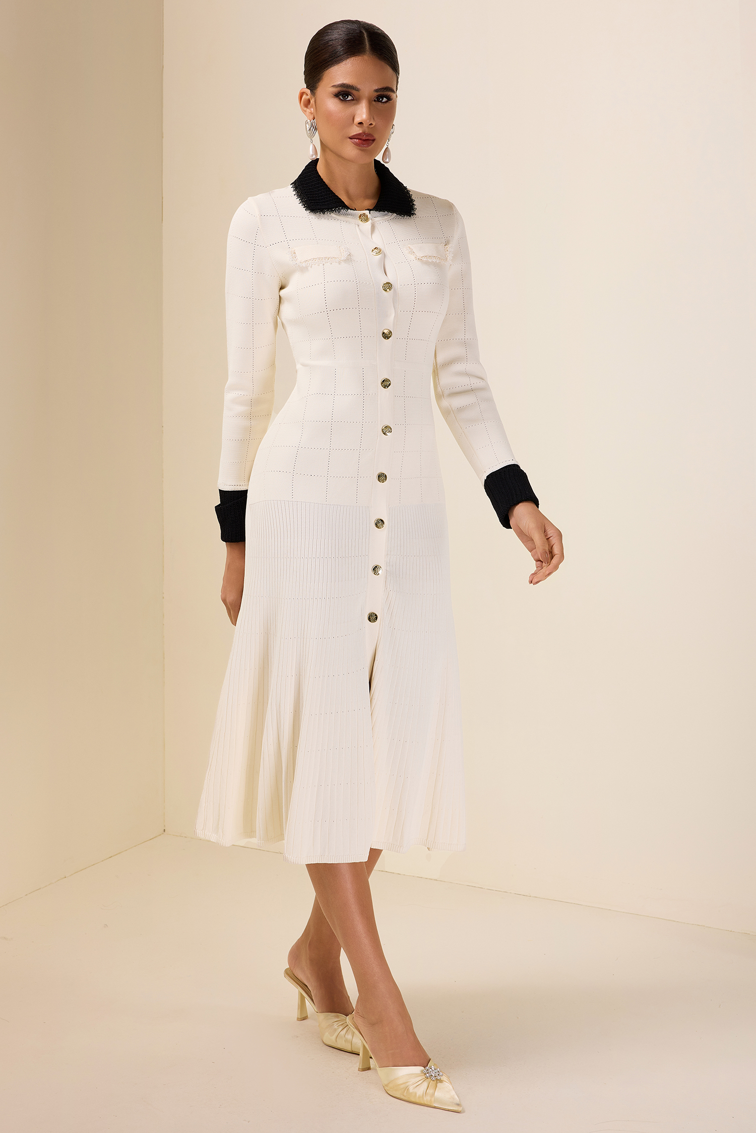 Knit Contrast Neck Bottom Midi Dress