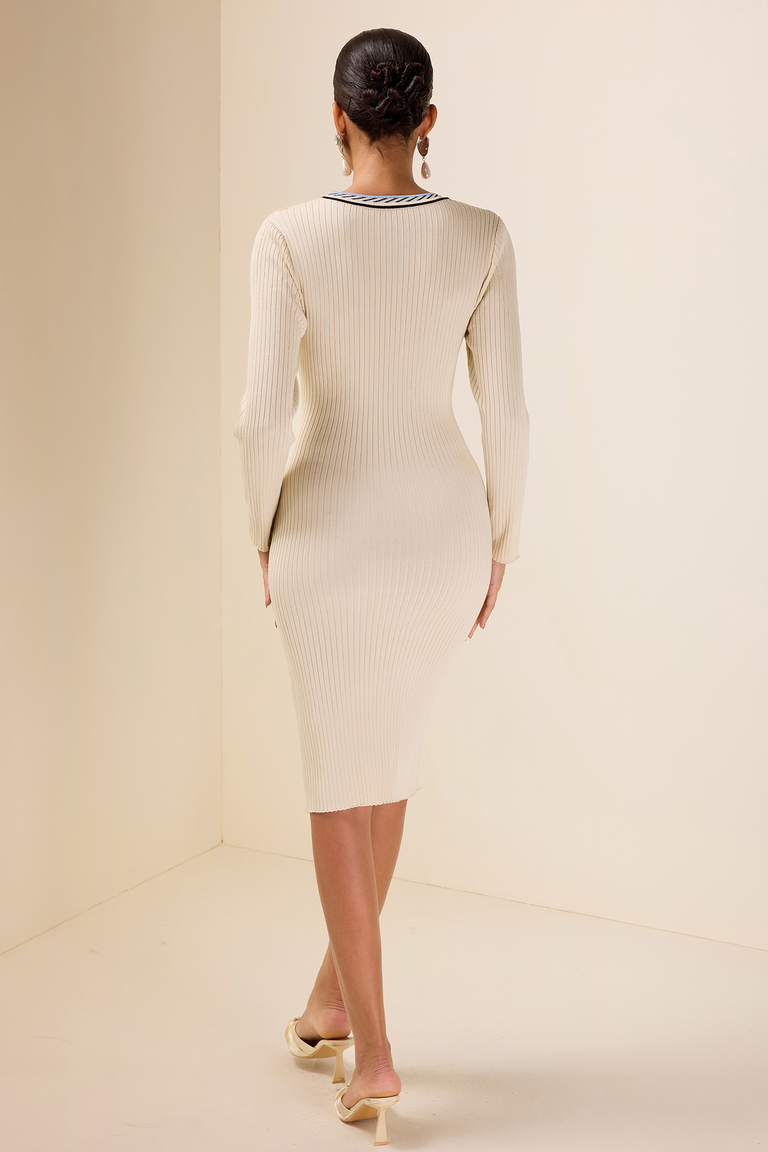 Around Neck Knit Cable Stripe Midi Dress