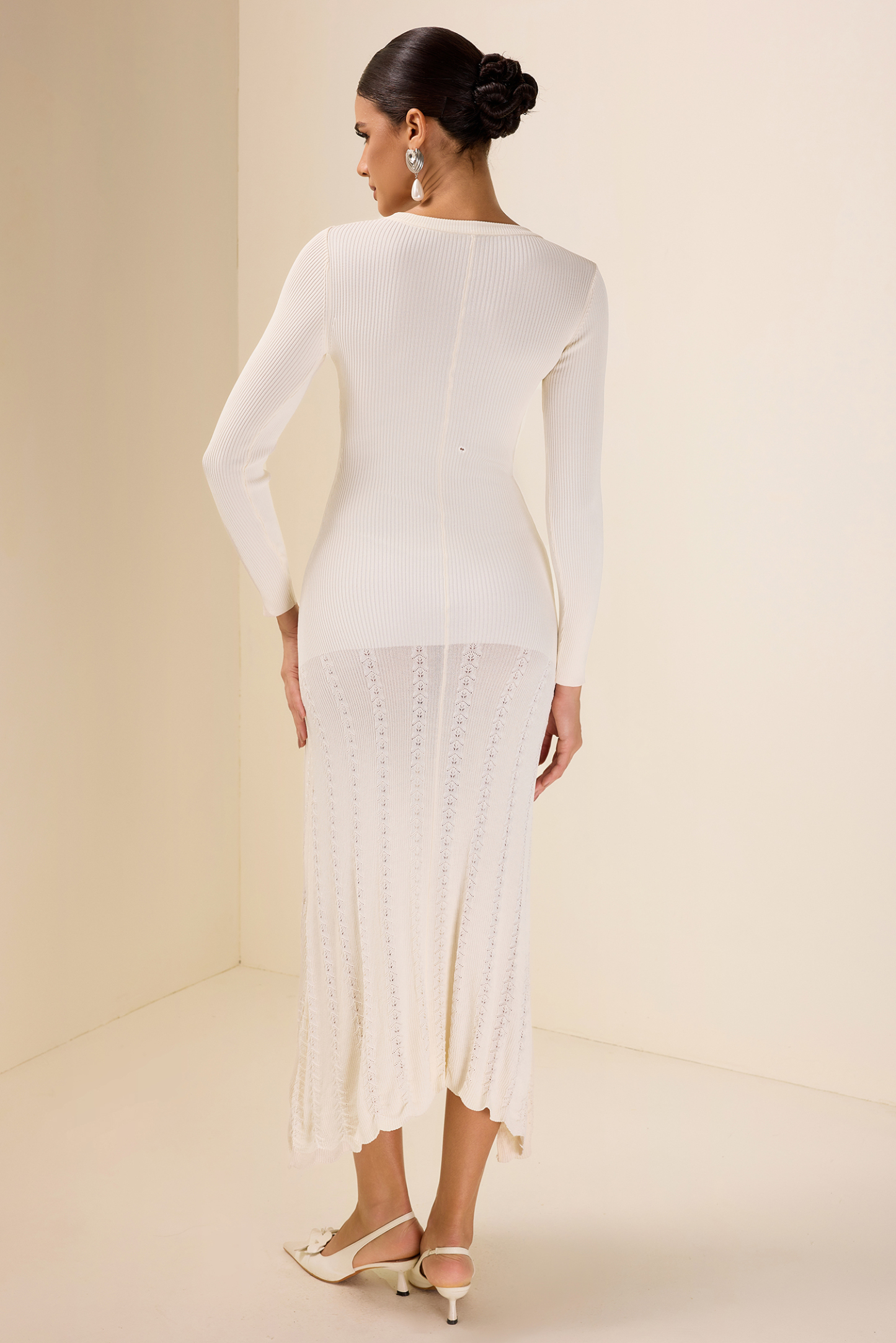 Knit Solid Bottom Round Neck Midi Dress