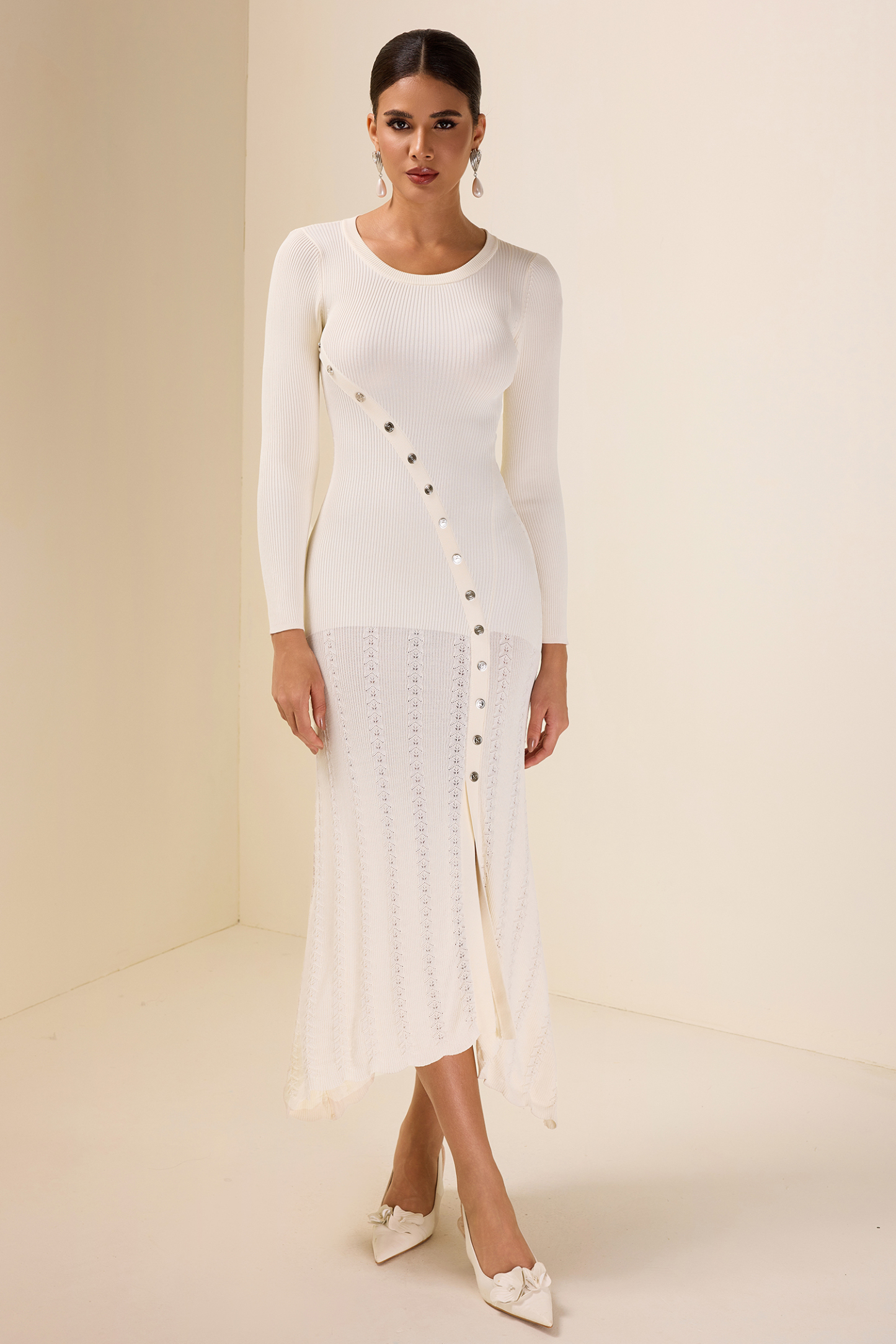 Knit Solid Bottom Round Neck Midi Dress