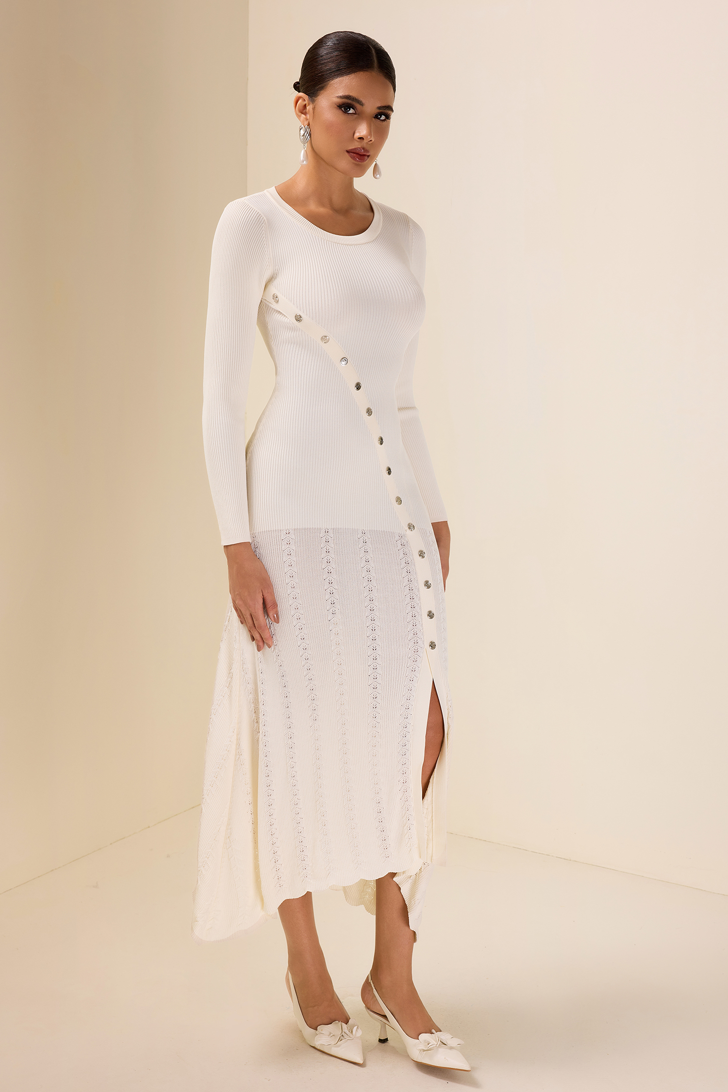 Knit Solid Bottom Round Neck Midi Dress