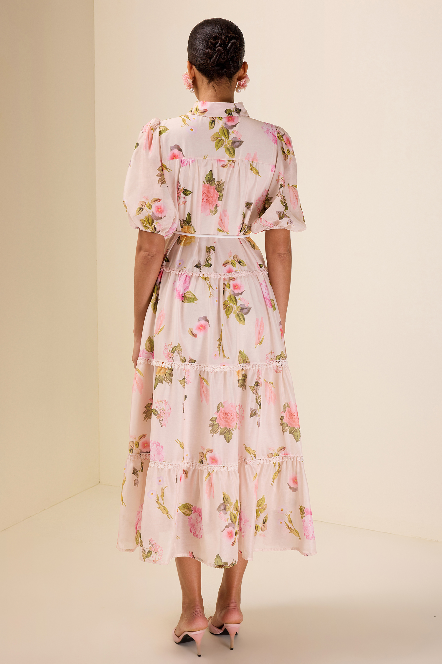 Single Breasted Lace Floral Midi Dress