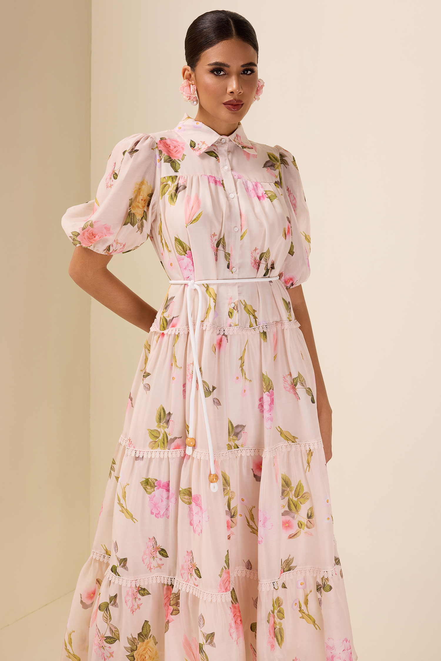 Single Breasted Lace Floral Midi Dress