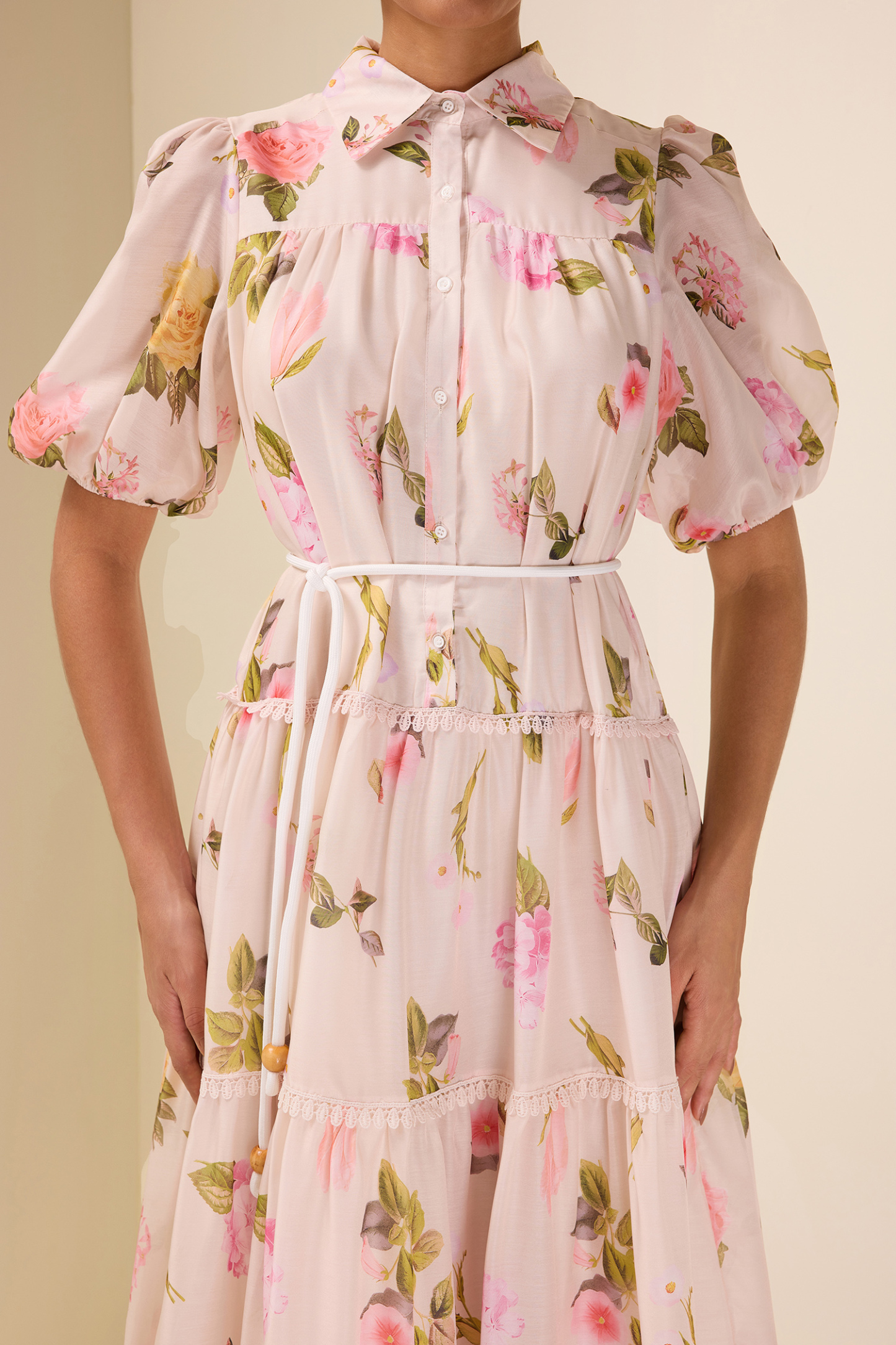 Single Breasted Lace Floral Midi Dress