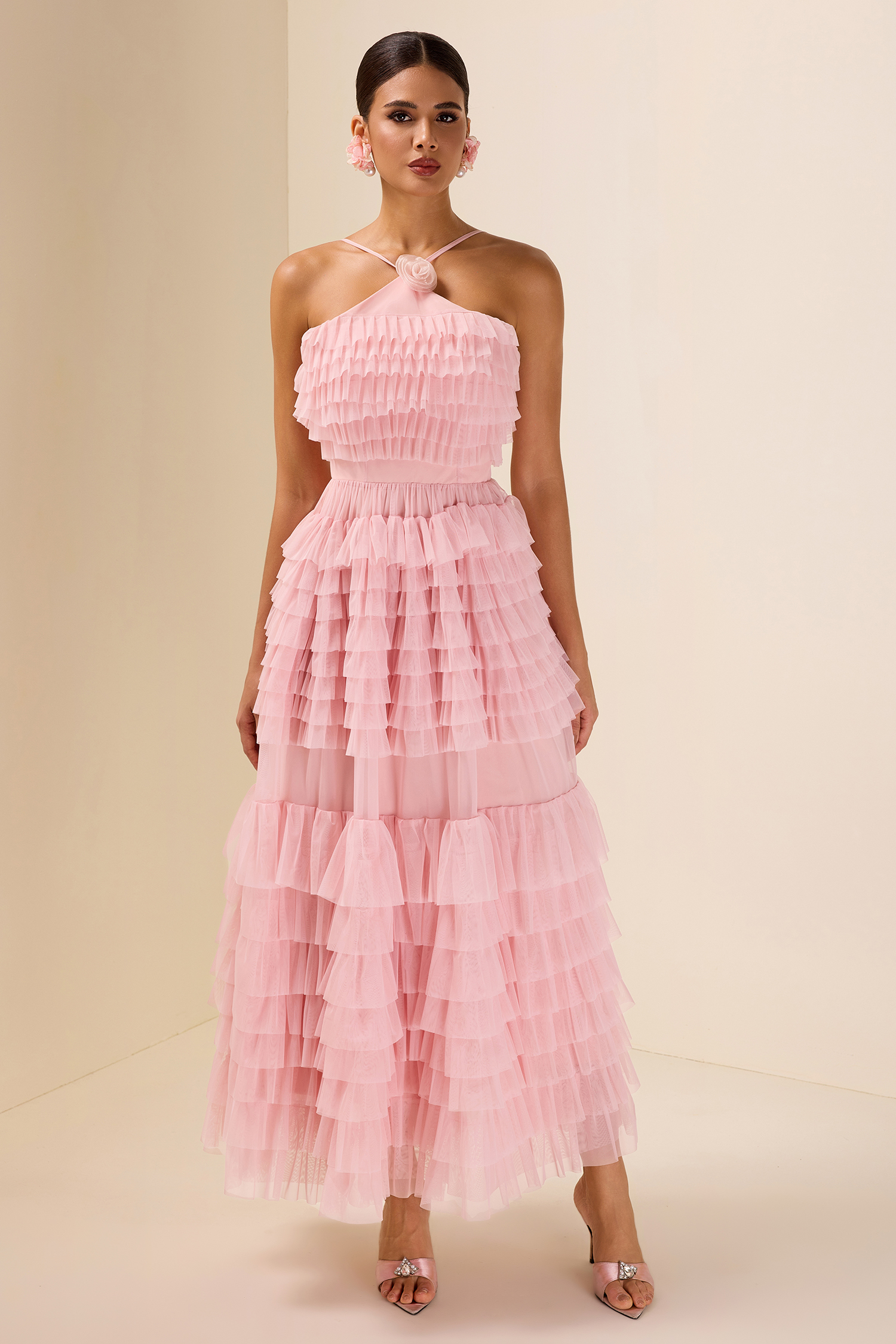3D Flower Chiffon Tiered Midi Dress
