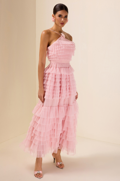 3D Flower Chiffon Tiered Midi Dress