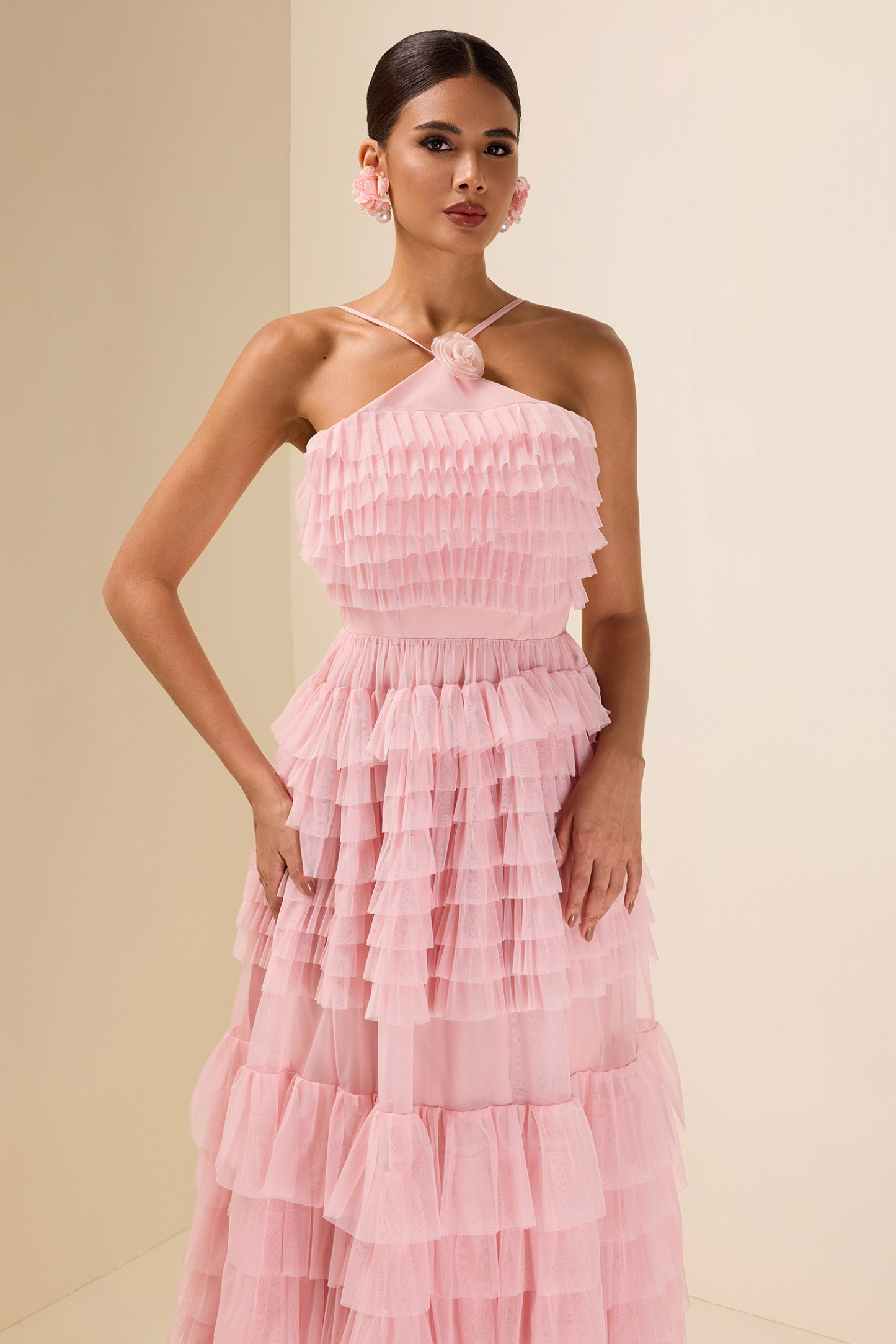 3D Flower Chiffon Tiered Midi Dress