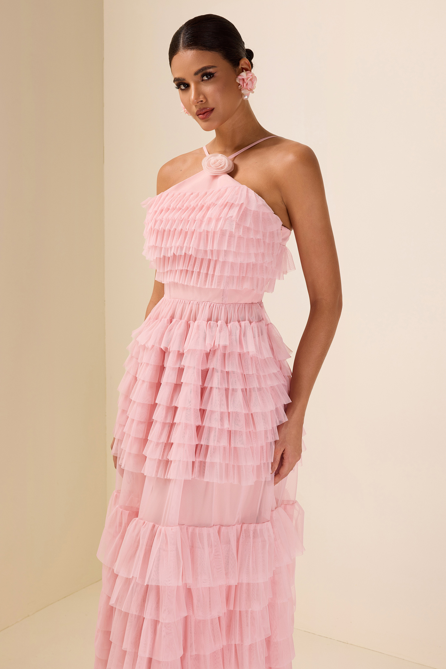 3D Flower Chiffon Tiered Midi Dress