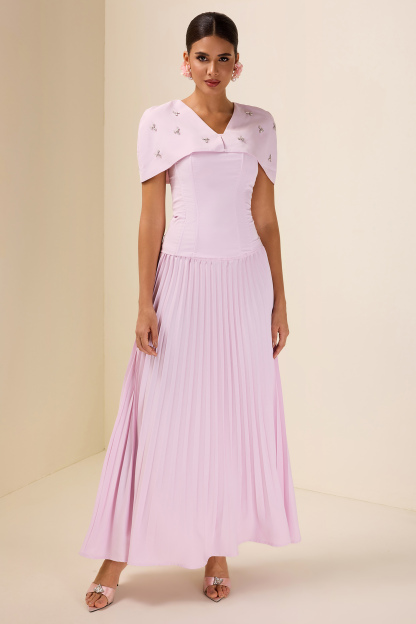 Off-Shoulder Solid Top With Cape & High Waist Pleat Midi Skirt Set