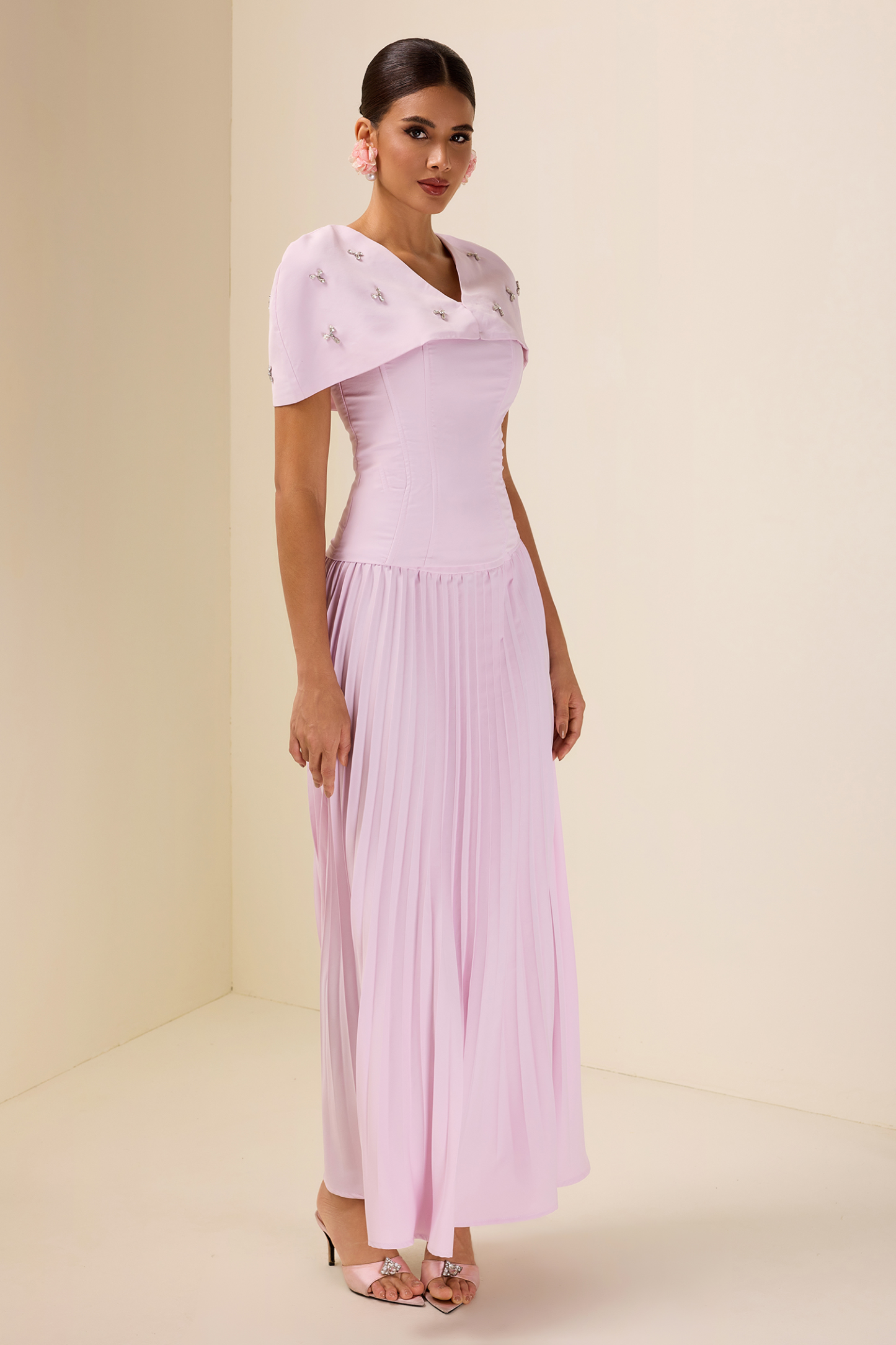 Off-Shoulder Solid Top With Cape & High Waist Pleat Midi Skirt Set