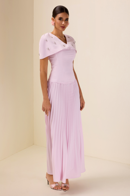 Off-Shoulder Solid Top With Cape & High Waist Pleat Midi Skirt Set