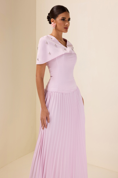 Off-Shoulder Solid Top With Cape & High Waist Pleat Midi Skirt Set