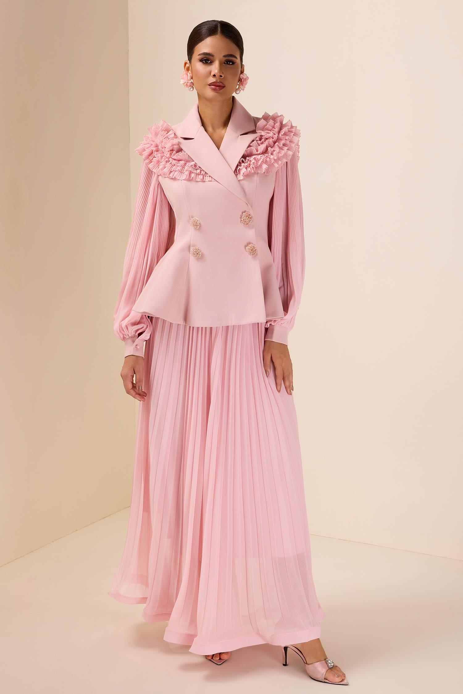 Frill Tailored Collar Pleated Top & High Waist Skirt Set