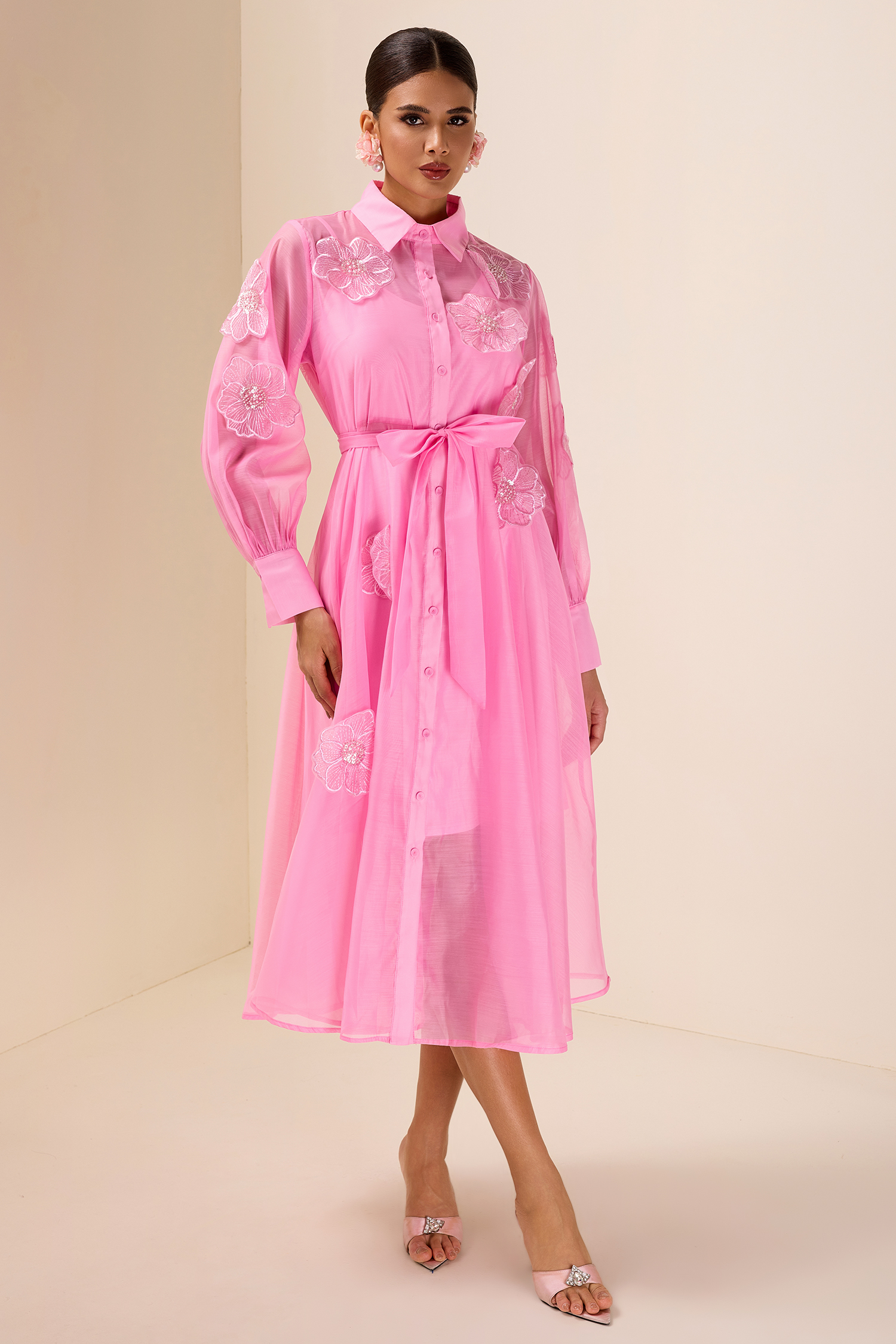 Appliquéd Chiffon Single Breasted Midi Dress