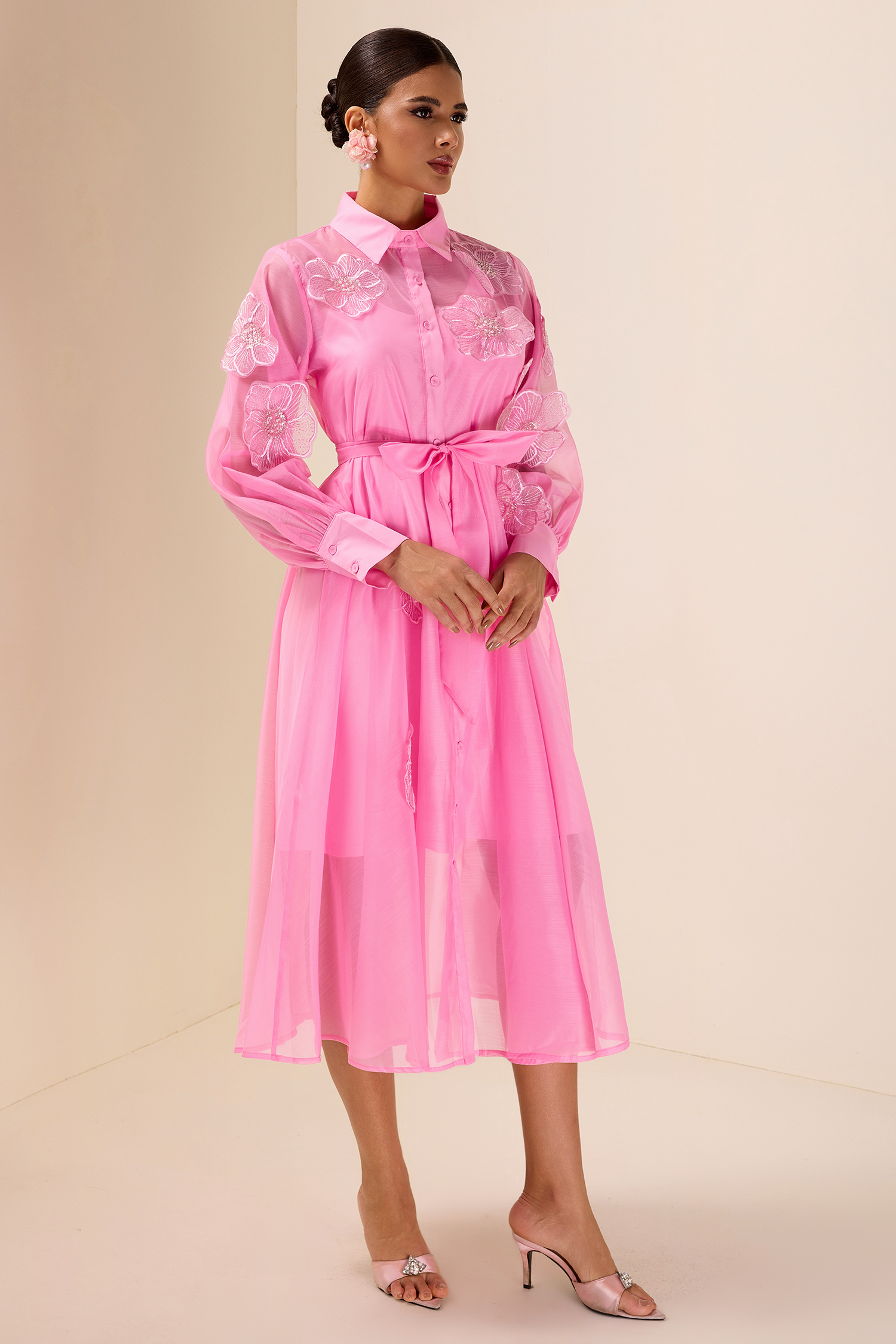 Appliquéd Chiffon Single Breasted Midi Dress