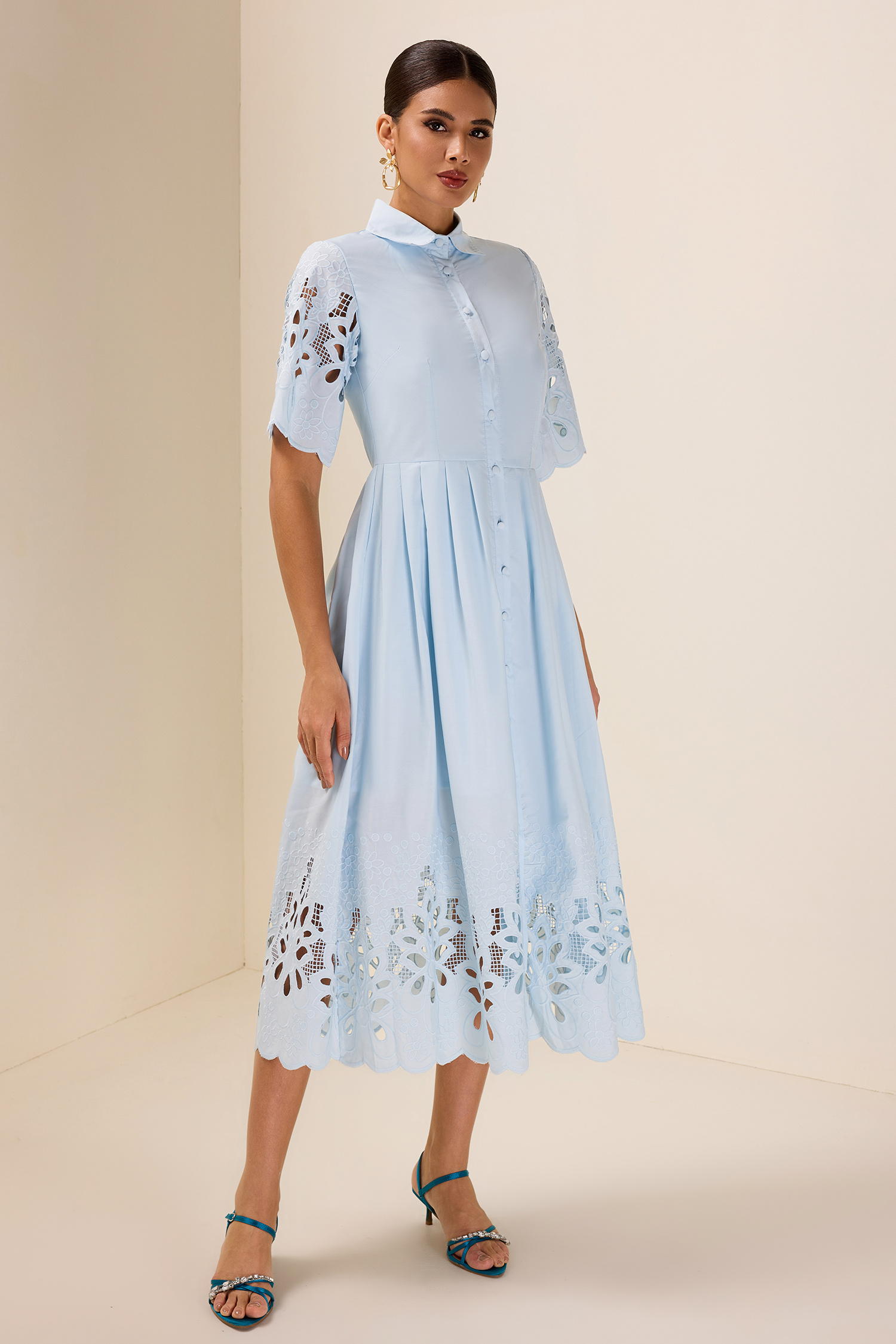 Embroidered Flapped Single Breasted Midi Dress